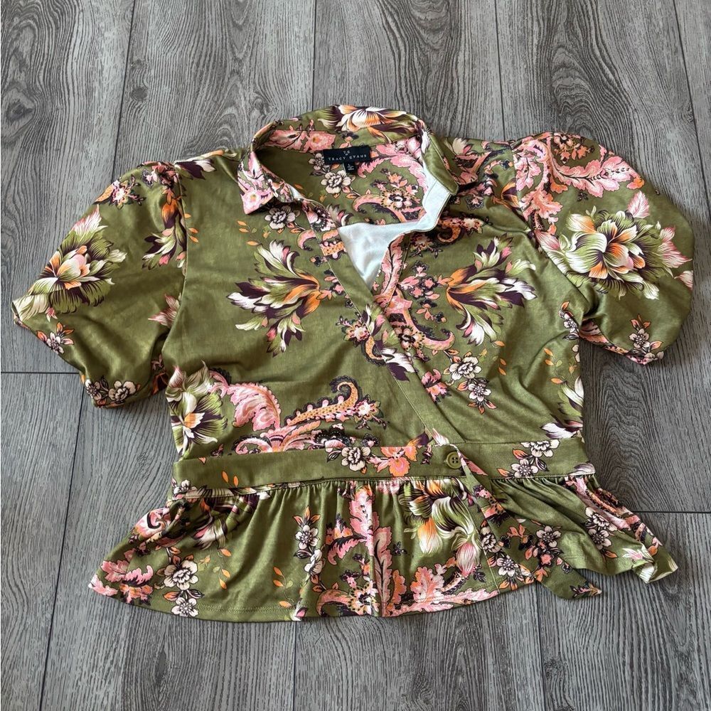 Tracy Evan’s Floral Wrap Top - Green and Pink
